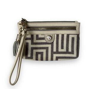 Spartina 449 Wallet Wristlet Linen & Leather Tassel Clutch White Cream Gray Grea